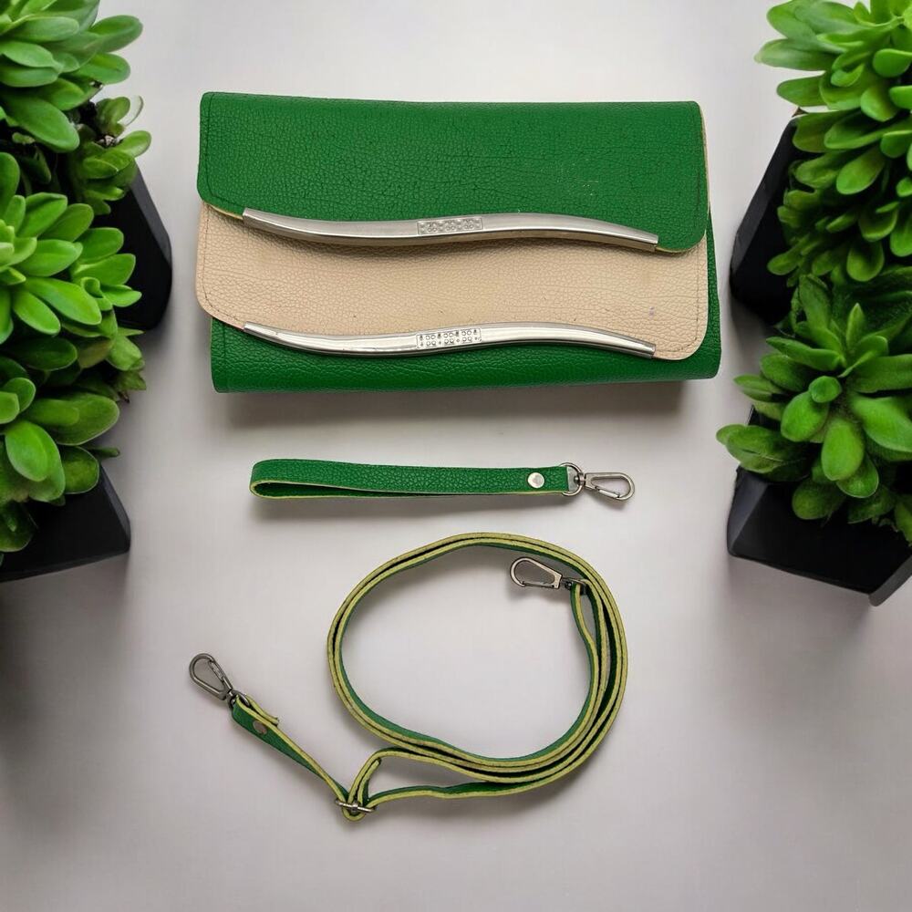 Clutch Purse Wristlet Crossbody Green Vintage 70s Retro MCM Pebbled Faux Leather